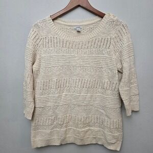 LLBean Cream Textured Knit‎ Button Shoulder Sweater Women's Medium 3/4 Sleeve